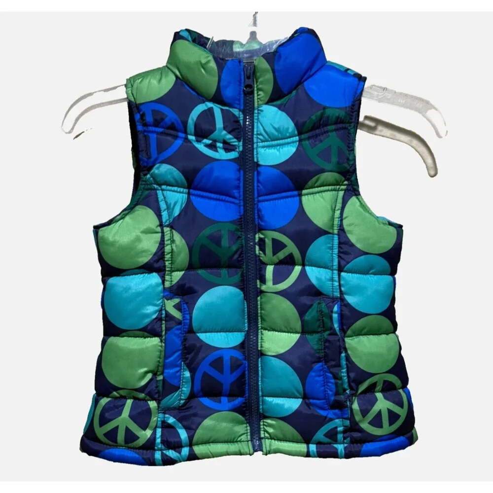 Old Navy Girls Puffer Vest XS Blue Green Peace Sign Bubble Y2K Retro Zip Coat